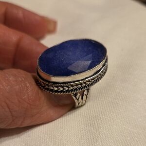 Silver Statement Ring with Deep Blue Oval Stone